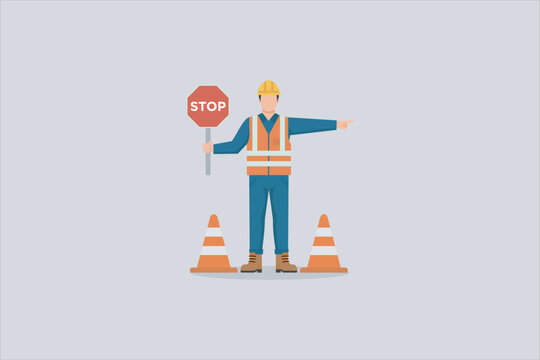 Flat illustration of a construction worker wearing safety gear, holding a stop sign and directing traffic between caution cones. Road safety, traffic control, and construction zone concept.