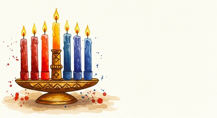Colorful Menorah with Lit Candles on a Textured Background, Celebrating Tradition and Light for Festivals and Religious Observances