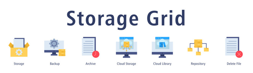 Storage Grid web banner icon vector illustration with icons of Storage, Backup, Archive, Cloud Storage, Cloud Library, Repository and Delete File.