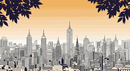 A detailed black and white illustration of a sprawling city skyline with numerous skyscrapers framed by tree leaves at sunset.