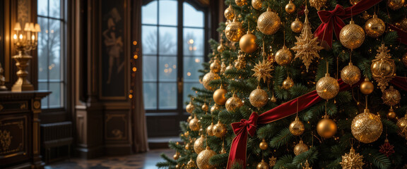 Fototapeta premium Festive christmas tree decoration elegant manor interior photography luxurious environment cozy viewpoint holiday spirit