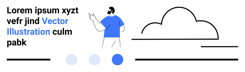 Man pointing at a cloud shape with floating text and shapes. Ideal for technology, communication, cloud computing, teamwork, education, innovation, web design, simple landing page