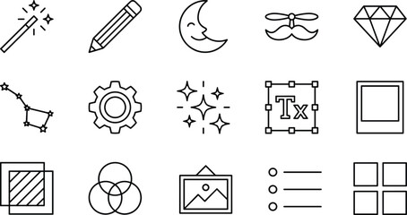 Graphic design icons, UI symbols, magic wand, pencil, moon, gear, constellation, frame, text box, vector outline set © Md