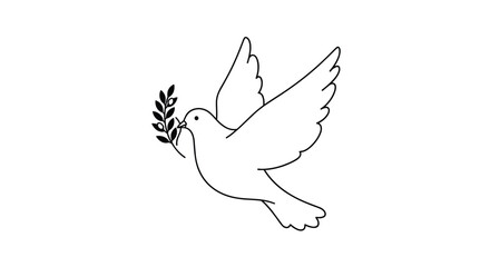 Fototapeta premium A simple black line art illustration of a flying dove holding an olive branch as a symbol of peace.