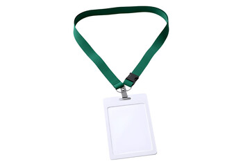 Fototapeta premium Blank white id card hanging on green lanyard isolated on transparent background