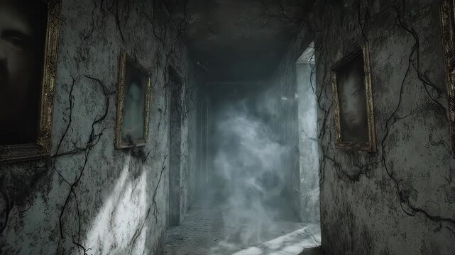 Dark, dilapidated corridor with portraits, lit by an unseen source, thick fog present