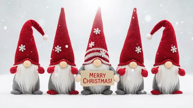 Cute dancing Christmas gnomes with long beard standing on snow, one gnome holding sign with Merry Christmas text for holiday decoration.