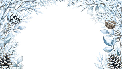 Elegant frosted winter botanical frame with icy leaves and soft blue tones, perfect for seasonal invitations, greeting cards, and peaceful holiday design projects