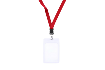 Blank white id card hanging on red lanyard isolated on transparent background