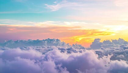 Stunning panoramic view of fluffy clouds bathed in the vibrant colors of sunrise