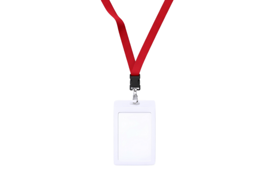 Blank white id card hanging on red lanyard isolated on transparent background - Powered by Adobe