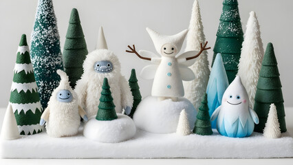 Cozy winter forest scene featuring adorable snow creatures and pine trees, perfect for holiday cards, children&rsquo;s illustrations, and magical seasonal design projects
