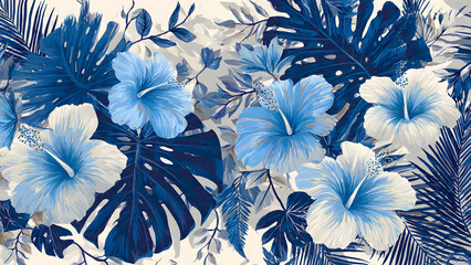Vibrant Blue and White Tropical Floral Pattern with Exotic Leaves and Hibiscus Flowers on Cream Background Design