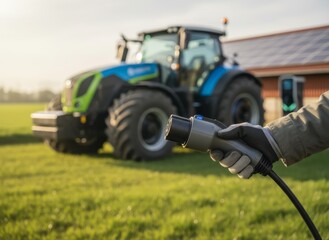 An old red agricultural tractor machine with large wheels is isolated in a green grass field used for industry farming transport