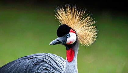 Fototapeta premium Close-up of a bird with a distinctive golden crown and red neck, set against green backdrop