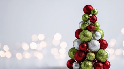 Abstract Christmas tree made of red, green, and silver balls on white bokeh background with copy space. Perfect for festive banners, greeting cards, social media posts