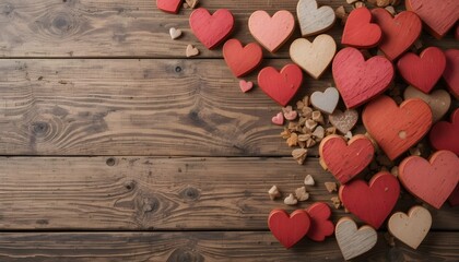 Rustic wooden hearts background with warm natural texture and ample space for personalized text or message