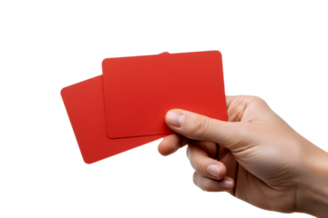 Hand holding two red cards against white background isolated on transparent background