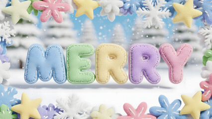 Pastel-colored Merry text surrounded by soft decorative holiday patterns, ideal for cheerful seasonal cards, banners, posters, and festive illustrations