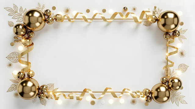 Luxurious golden ornament frame decorated with shiny baubles and sparkling lights, ideal for elegant Christmas cards, invitations, posters, and premium festive designs