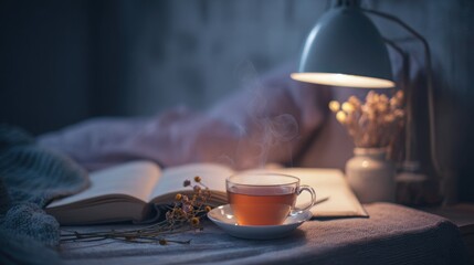 cozy evening scene with steaming herbal tea, open wellness journal, soft bedside lamp, calm biohacking mood
