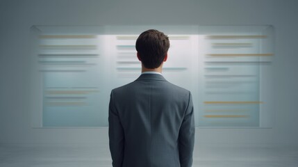 Professional man in suit looking at blurred digital information screens in a modern office environment, contemplating analytics and data insights effectively.