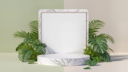 3D modeled marble display stand, tropical leaf patterns, soft green-beige background blend, product mockup template, strategic empty space for branding,