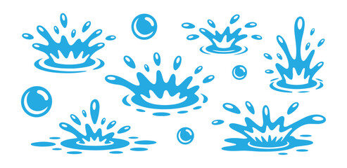 Blue water splash icons set isolated on white background, liquid drop silhouette, aqua blot and splatter collection