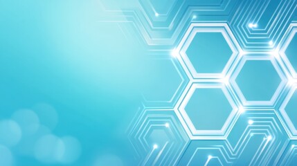 Abstract geometric hexagonal pattern with glowing lines and light effects on a soft blue background, perfect for technology and innovation concepts