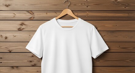 Blank white tshirt hanging on a wooden hanger against a rustic wooden wall background, perfect for custom designs and branding mockups, casual apparel display