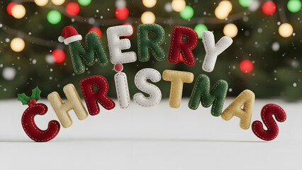 Bright Merry Christmas text illuminated with soft festive lights and bokeh effects, perfect for cheerful holiday cards, banners, posters, and seasonal artwork