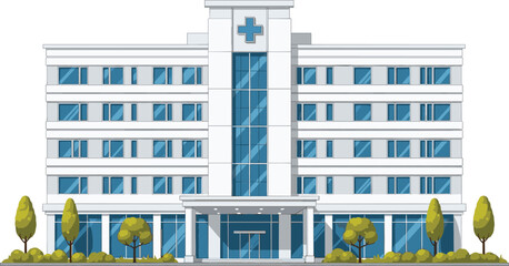 Modern hospital building exterior vector illustration featuring a large healthcare center with a prominent blue cross, surrounded by green trees and landscaping