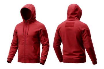 Red hooded sweatshirt front and back view on white background isolated on transparent background