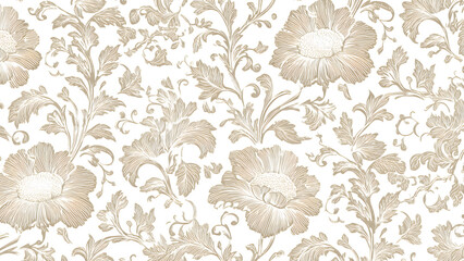 Vintage Floral Wallpaper Pattern with Beige Flowers and Leaves on White Background, Classic Damask Design
