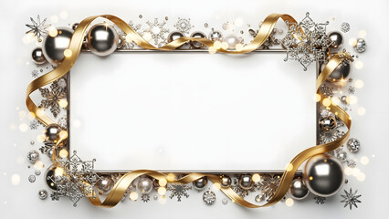 Elegant gold holiday ornament frame with luxurious baubles and sparkling highlights surrounding a clean white center, perfect for invitations and festive design layouts