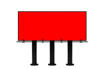 Fototapeta premium Large red billboard on three black poles against white background isolated on transparent background