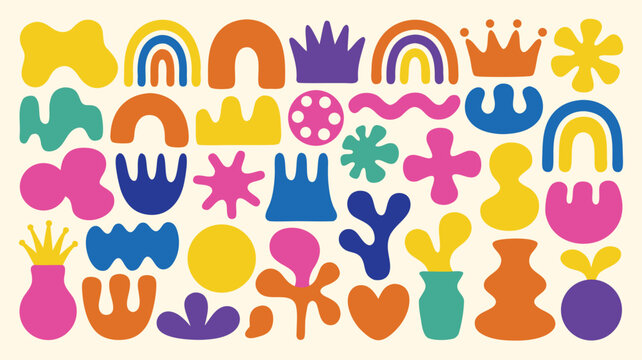 Retro Abstract Organic Shapes Set.  Funky Groovy Doodle Style Vector. Cute Hippie Design Elements