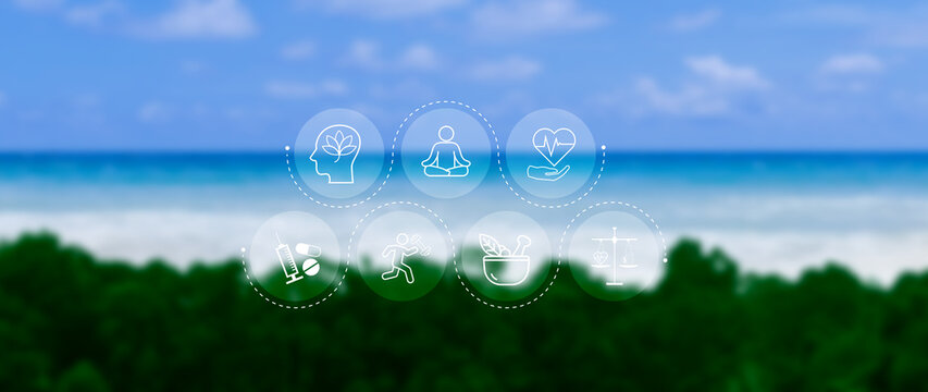 Wellness longevity and Holistic Concept. health care, including mental wellbeing, fitness, nutrition, sleep, relationships and financial balance, Personal development and balance.