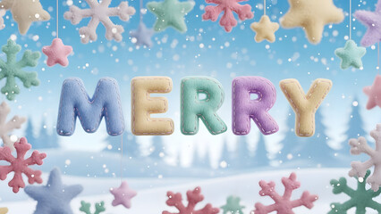 Soft pastel Merry text decorated with colorful snowflakes, perfect for cheerful Christmas greeting cards, festive banners, posters, and winter-themed illustrations