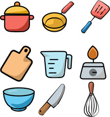 A collection of flat, colorful kitchen utensil icons designed in a bold, sticker-like style. Includes pot, pan, spatula, knife, cutting board, measuring cup, stove, and bowl. Clean, simple, and perfec
