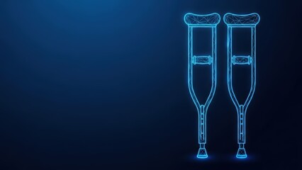 Abstract glowing blue digital wireframe illustration of medical crutches for mobility assistance