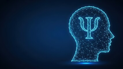 Obraz premium Abstract glowing digital human head with psychology symbol representing mental health and therapy concepts