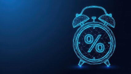 Digital alarm clock with percentage symbol glowing on dark blue background