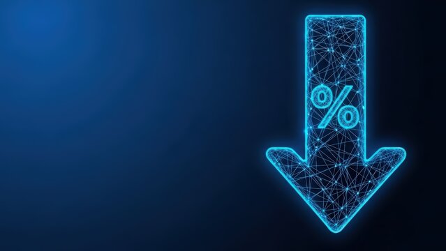 Digital arrow with percent symbol pointing down indicating financial reduction and market decrease on a dark blue background