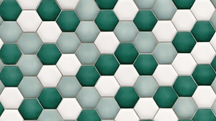 Abstract geometric pattern of hexagonal tiles in shades of teal and white, creating a modern and stylish interior design element for various applications