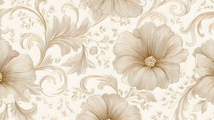 Vintage Floral Wallpaper Pattern with Large Beige Flowers and Golden Accents on Cream Background