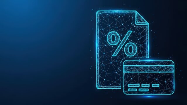 Digital finance concept with credit card and percentage symbol glowing on a dark blue network background