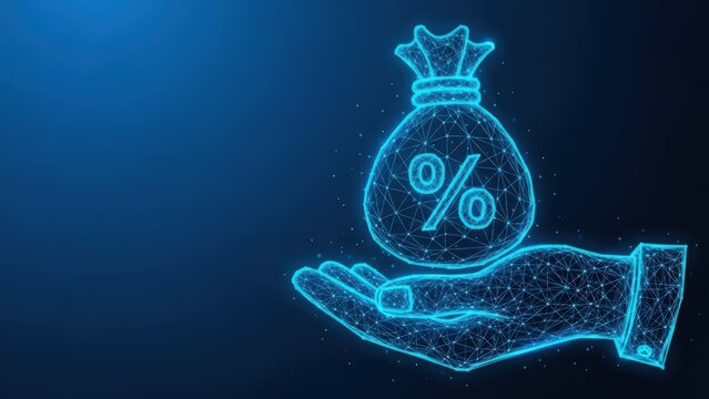 Digital hand holding a money bag with a percentage symbol representing finance and investment