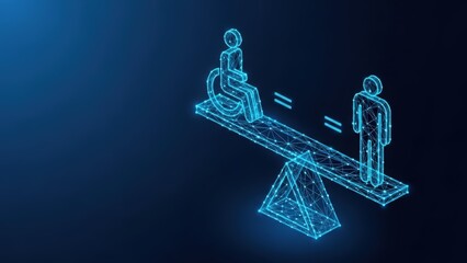 Digital representation of equality and inclusion with a person in a wheelchair balanced on a seesaw with another person symbolizing universal accessibility and human rights