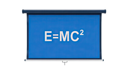 A blue projection screen displays the iconic equation E=MC^2 in white text on a transparent background